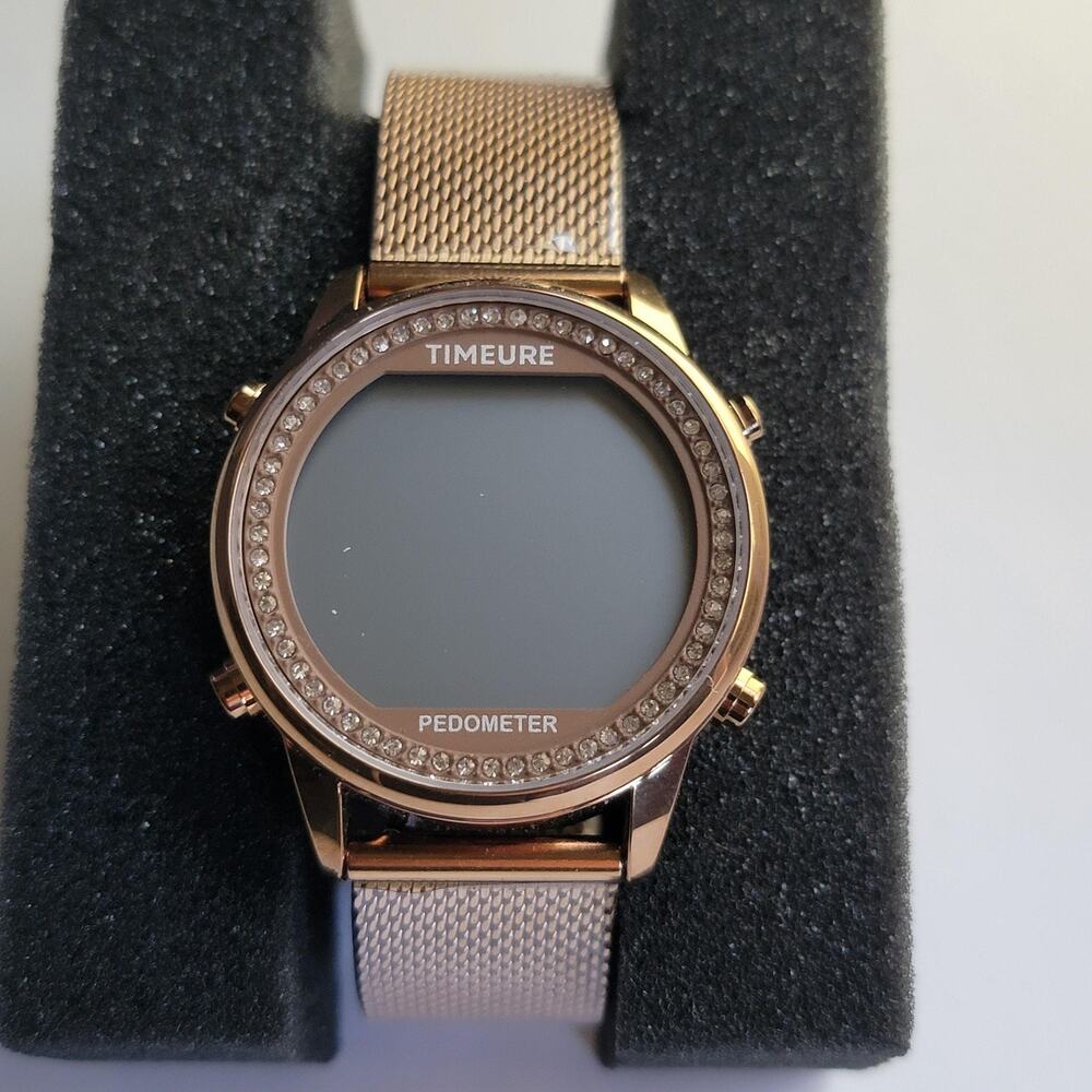 TIMEURE Womens Watch Gray Dial Crystal Bezel Gold Mesh Digital Pedometer Sport